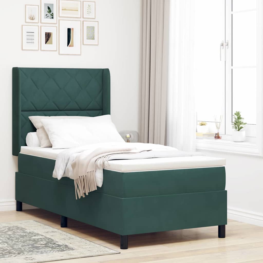 Boxrugós ágy fejtámlával Sötétzöld 90 x 190 cm Bársony