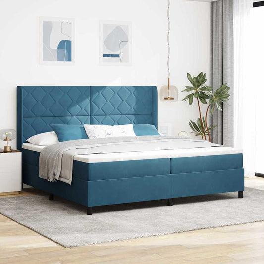Boxrugós ágy matracmal fejtámlával Kék 200 x 200 cm Bársony