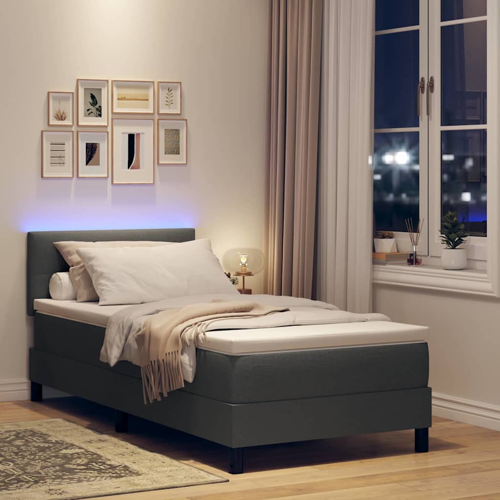 Boxrugós ágy LED szalagokkal Sötétszürke 90 x 190 cm szövet