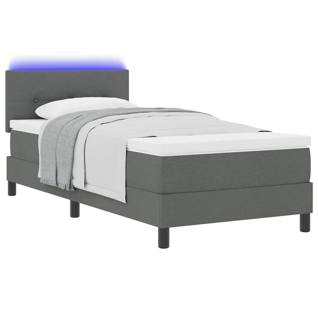 Boxrugós ágy LED szalagokkal Sötétszürke 90 x 190 cm szövet