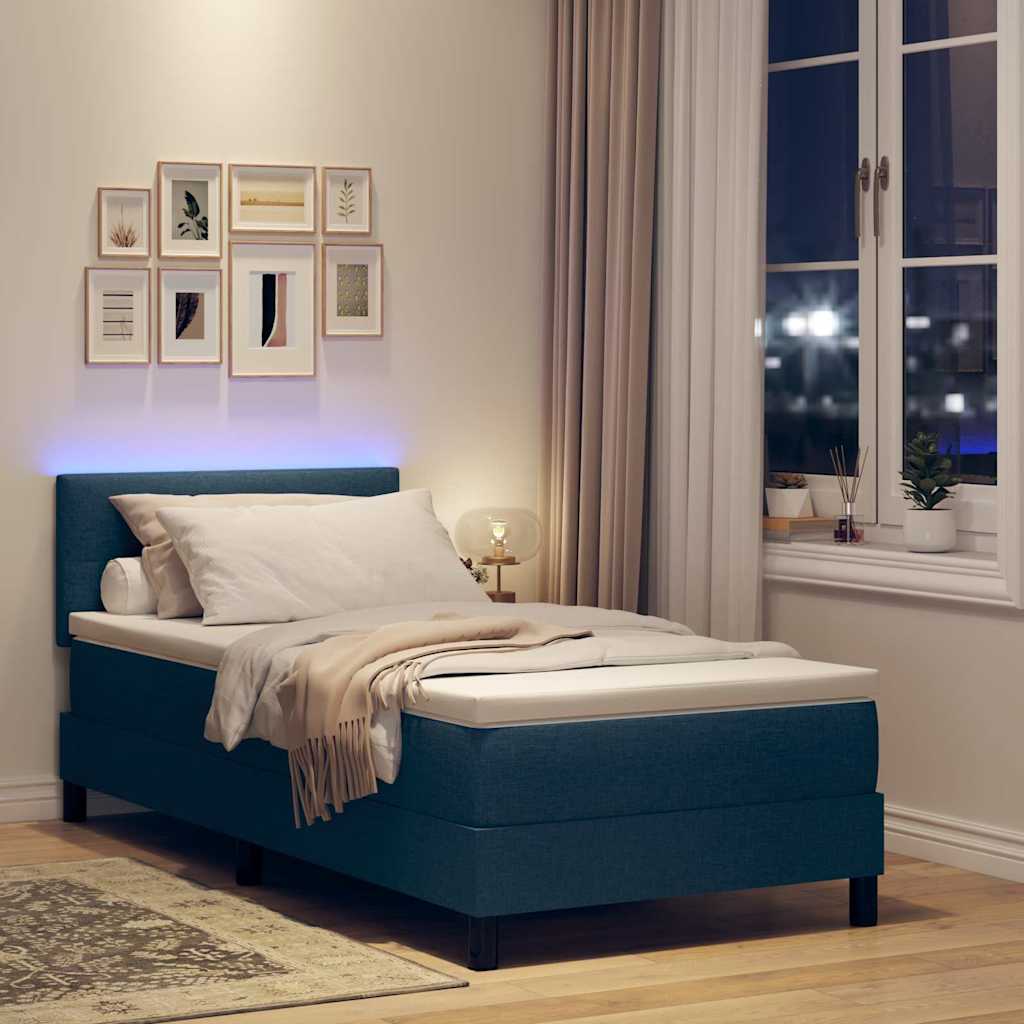 Boxrugós ágy LED szalagokkal fejtámlával Kék 90 x 190 cm szövet
