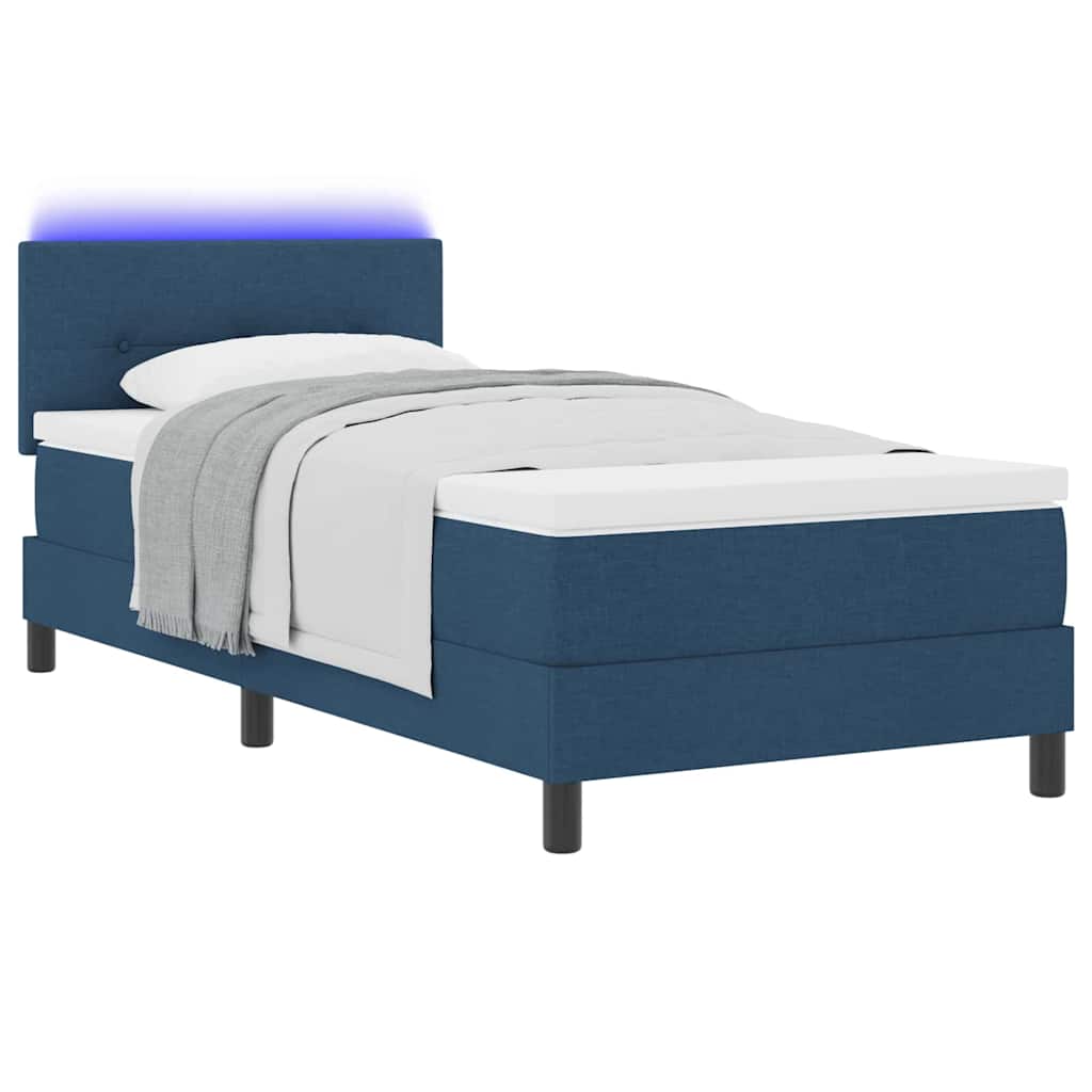 Boxrugós ágy LED szalagokkal fejtámlával Kék 90 x 190 cm szövet