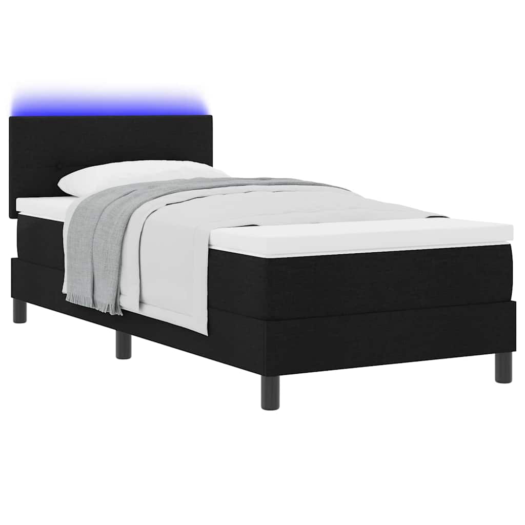 Boxrugós ágy LED szalagokkal Fekete 100 x 200 cm szövet