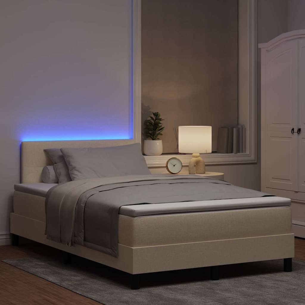 Boxrugós ágy LED szalagokkal Krém 120 x 190 cm szövet
