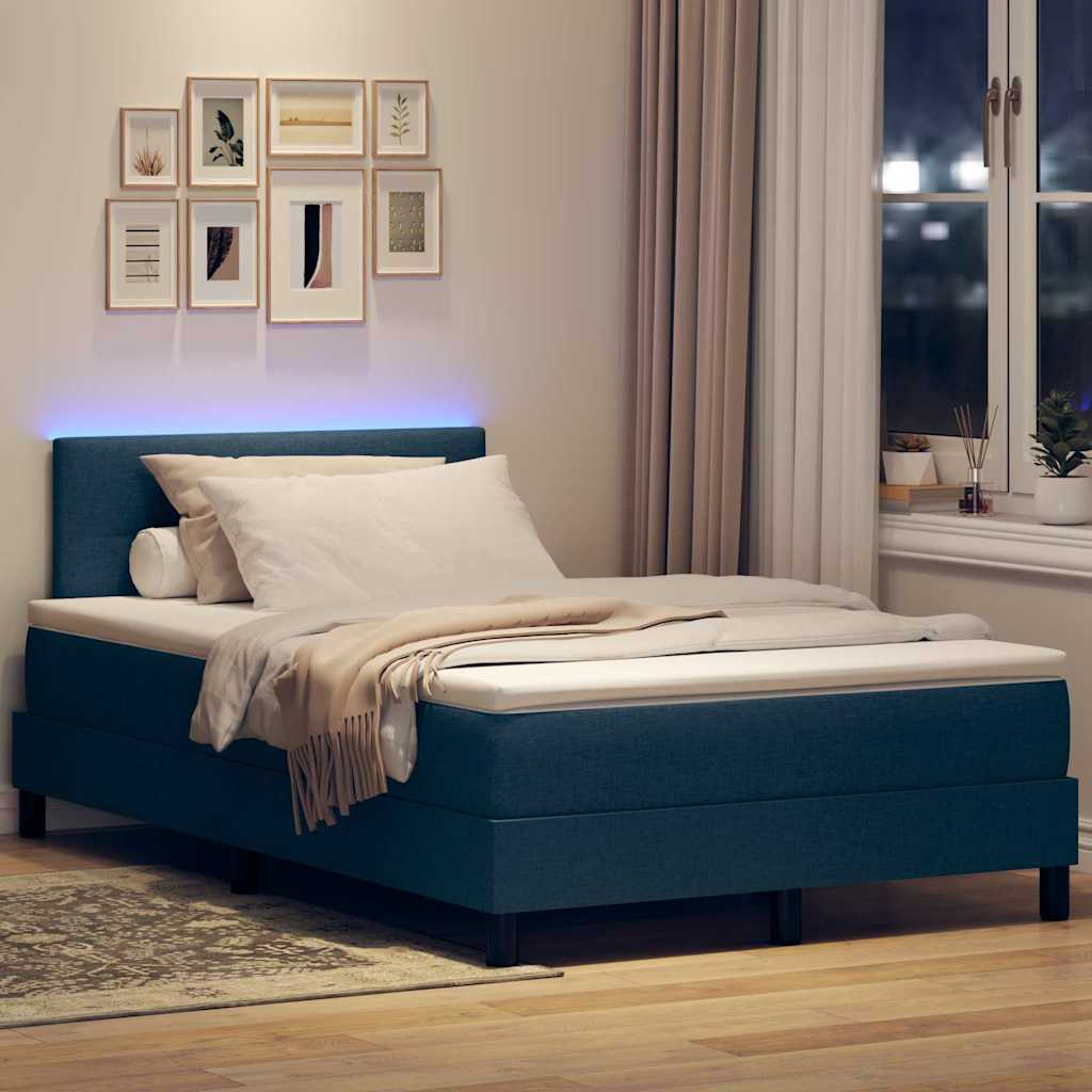 Boxrugós ágy LED szalagokkal Kék 120 x 190 cm szövet