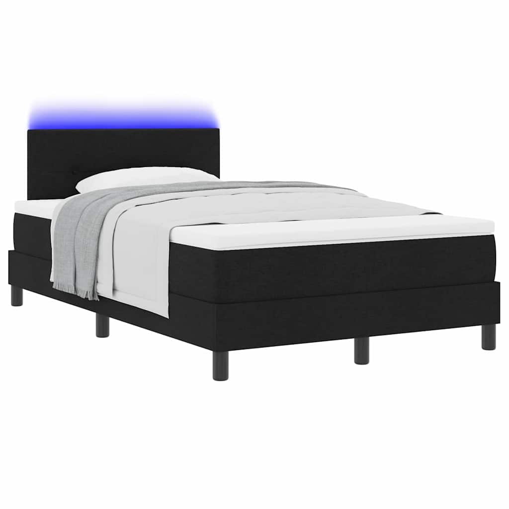 Boxrugós ágy LED szalagokkal Fekete 120 x 200 cm szövet