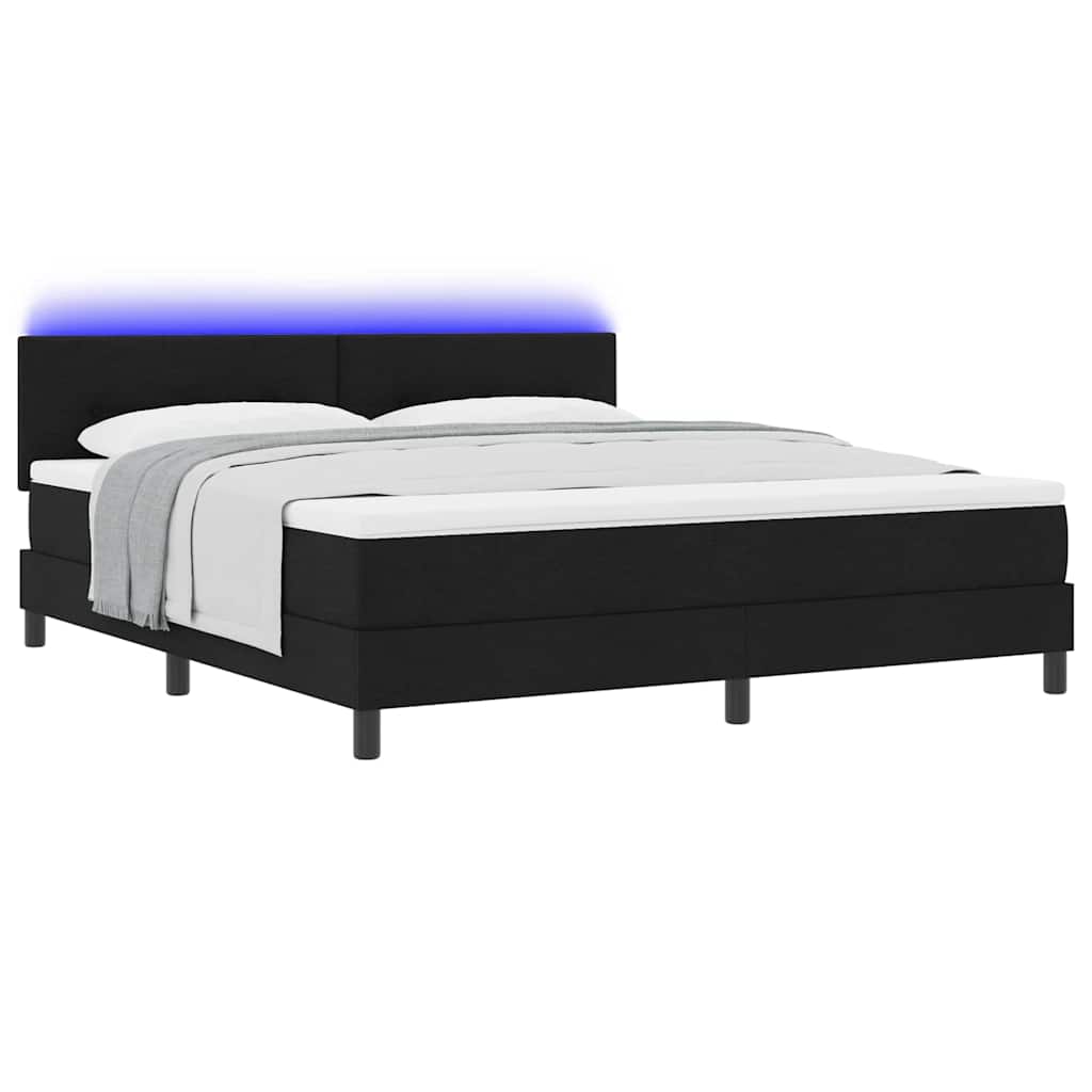Boxrugós ágy LED szalagokkal Fekete 180 x 200 cm szövet