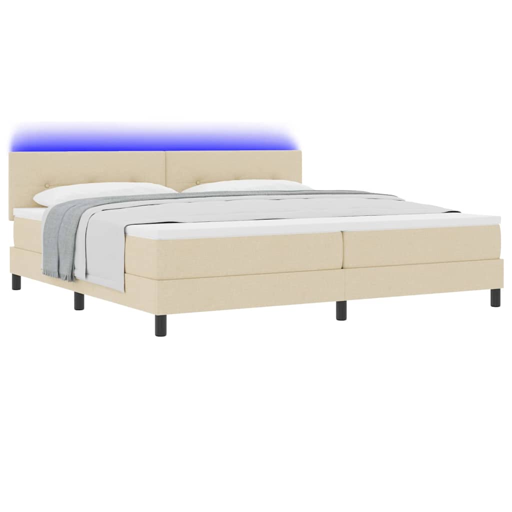 Boxrugós ágy LED szalagokkal Krém 200 x 200 cm szövet
