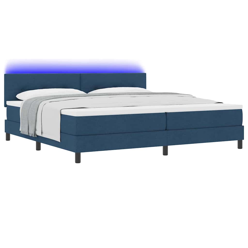 Boxrugós ágy LED szalagokkal Kék 200 x 200 cm szövet