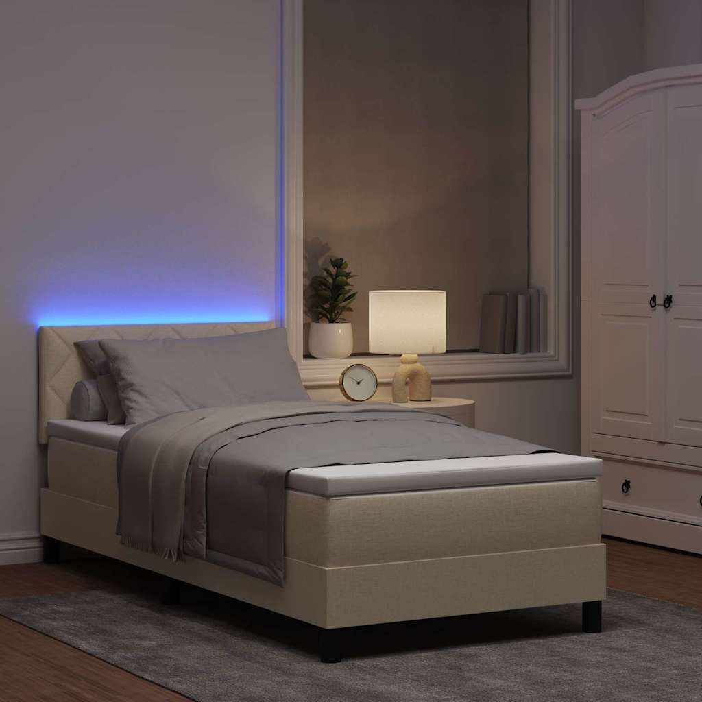 Boxrugós ágy LED szalagokkal Krém 90 x 190 cm szövet