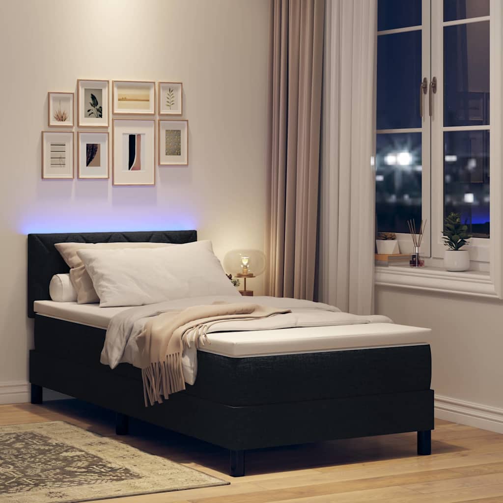 Boxrugós ágy párnával LED szalagokkal Fekete 90 x 200 cm szövet