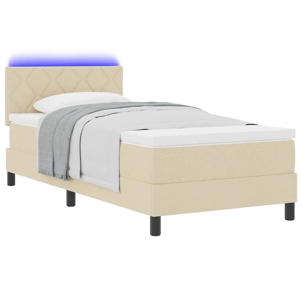 Boxrugós ágy LED szalagokkal Krém 90 x 200 cm szövet