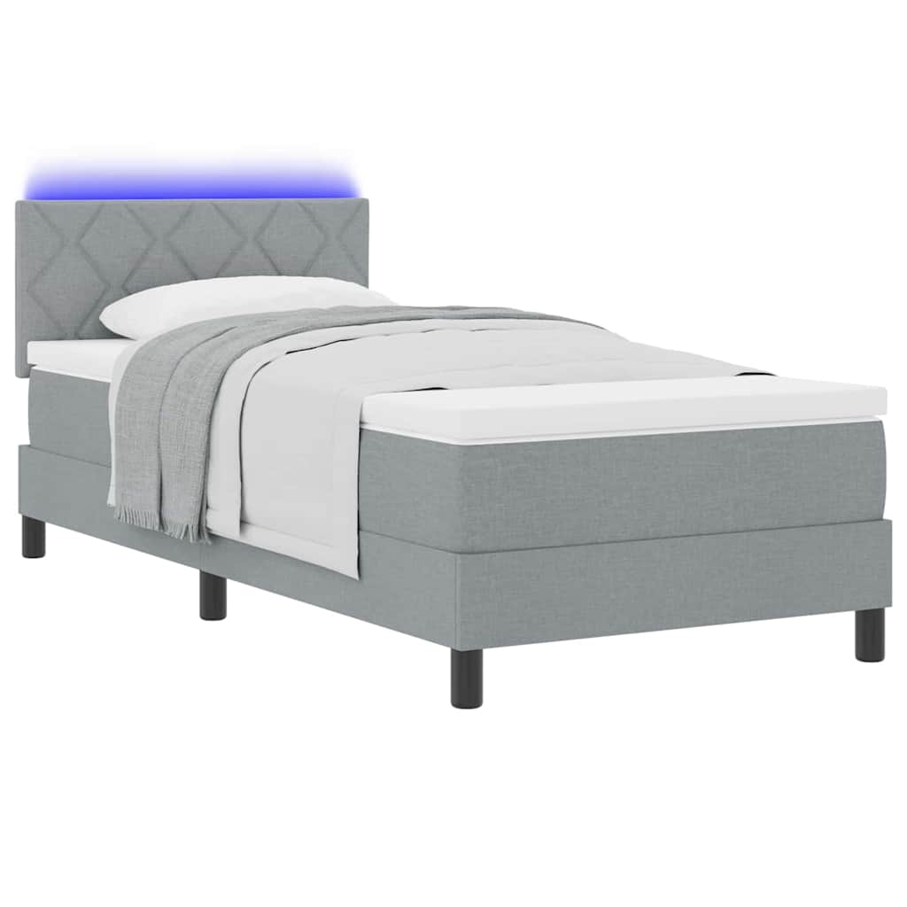 Boxrugós ágy LED szalagokkal Világosszürke 100 x 200 cm szövet