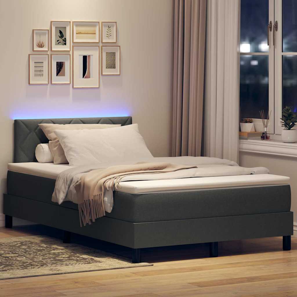Boxrugós ágy LED szalagokkal Sötétszürke 120 x 190 cm szövet