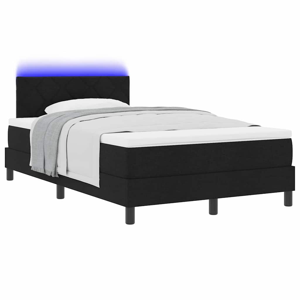 Boxrugós ágy LED szalagokkal Fekete 120 x 190 cm szövet