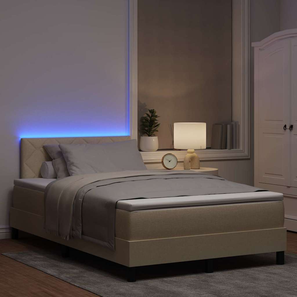 Boxrugós ágy LED szalagokkal Krém 120 x 200 cm szövet