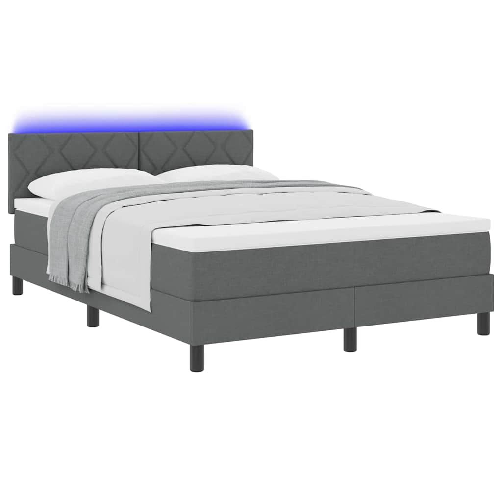Boxrugós ágy LED szalagokkal Sötétszürke 140 x 190 cm szövet