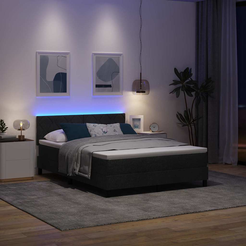 Boxrugós ágy LED szalagokkal Fekete 160 x 200 cm szövet
