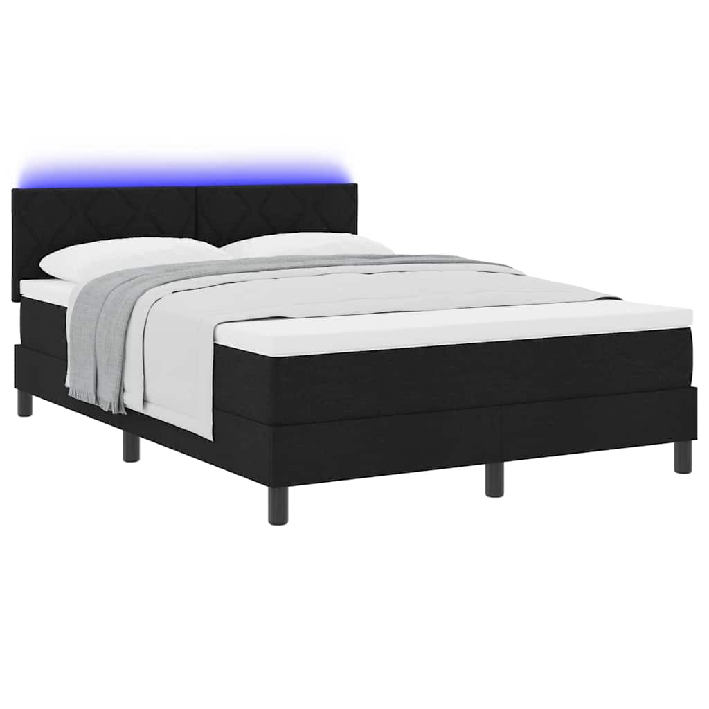 Boxrugós ágy LED szalagokkal Fekete 160 x 200 cm szövet