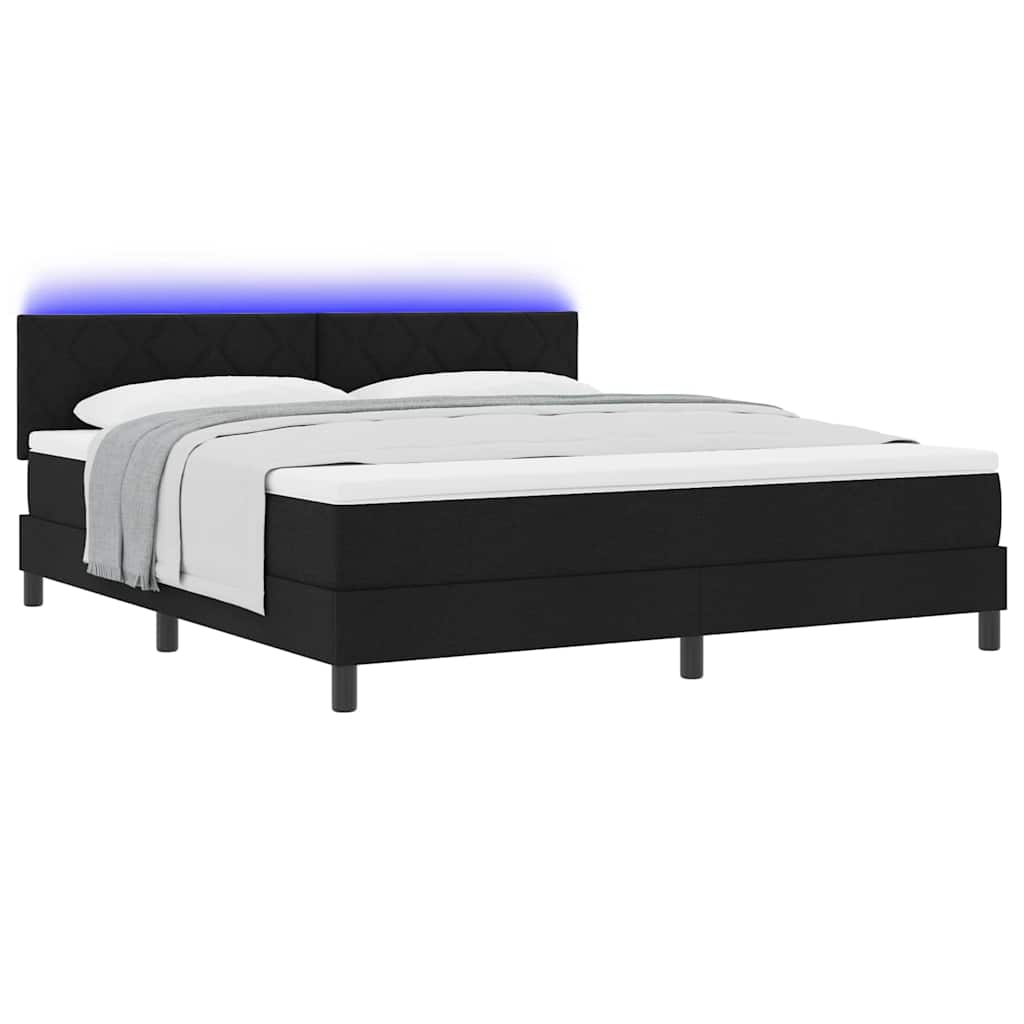 Boxrugós ágy LED szalagokkal Fekete 180 x 200 cm szövet