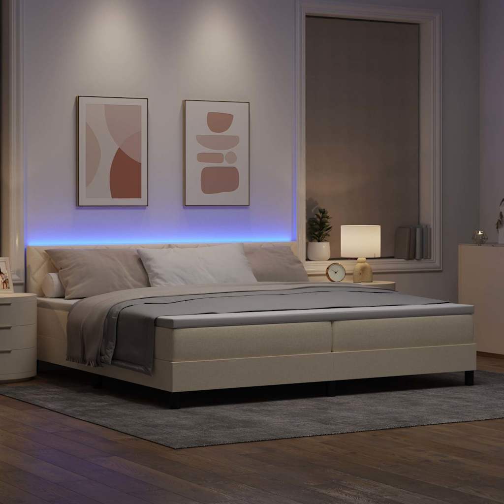 Boxrugós ágy párnával LED szalagokkal Krém 200 x 200 cm szövet