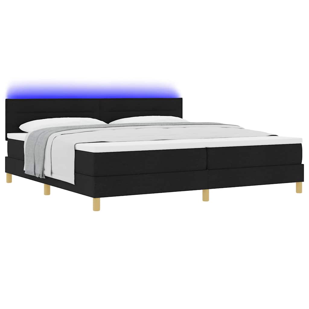 LED Box Spring Ágy LED szalagokkal Fekete 200 x 200 cm szövet