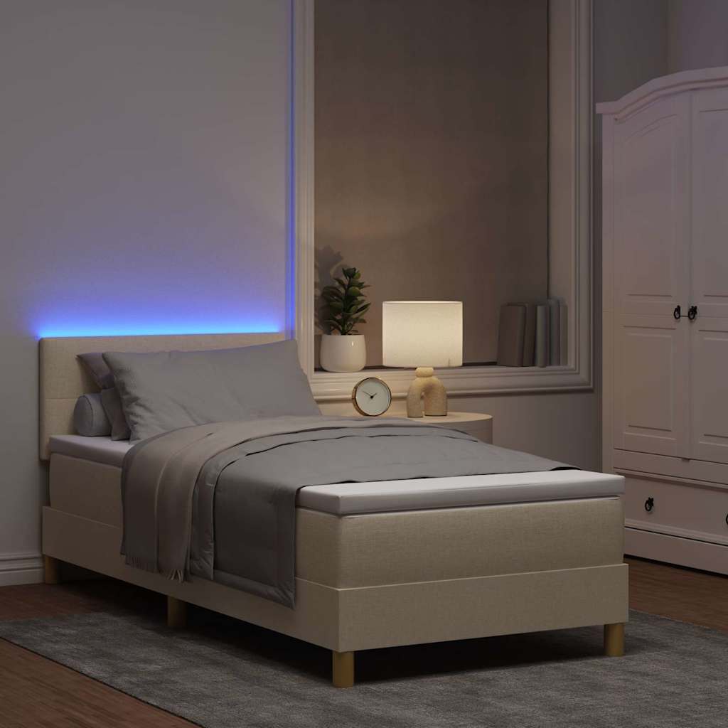LED Box Spring Ágy LED szalagokkal Krém 90 x 190 cm szövet