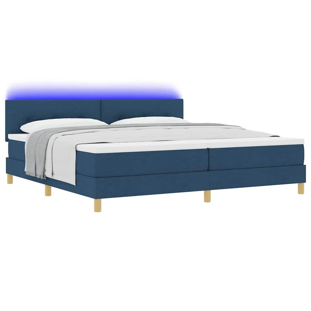 LED Box Spring Ágy LED szalagokkal Kék 200 x 200 cm szövet