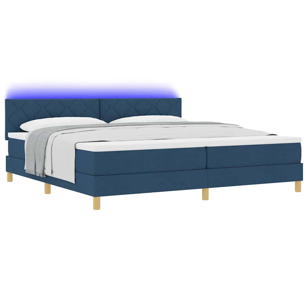 LED Box Spring Ágy LED szalagokkal Kék 200 x 200 cm szövet