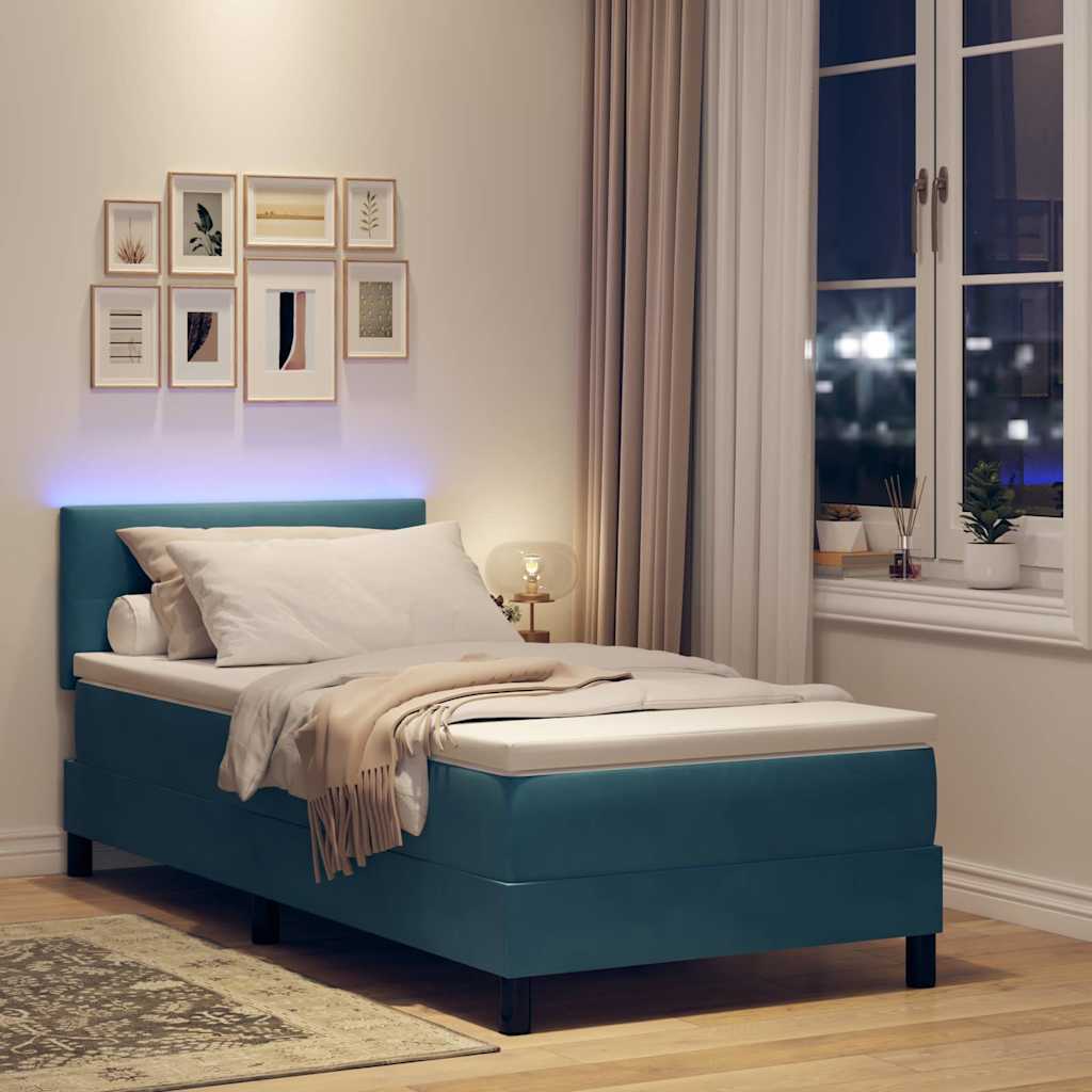 LED Box Spring Ágy fejtámlával Sötét kék 100 x 200 cm Bársony