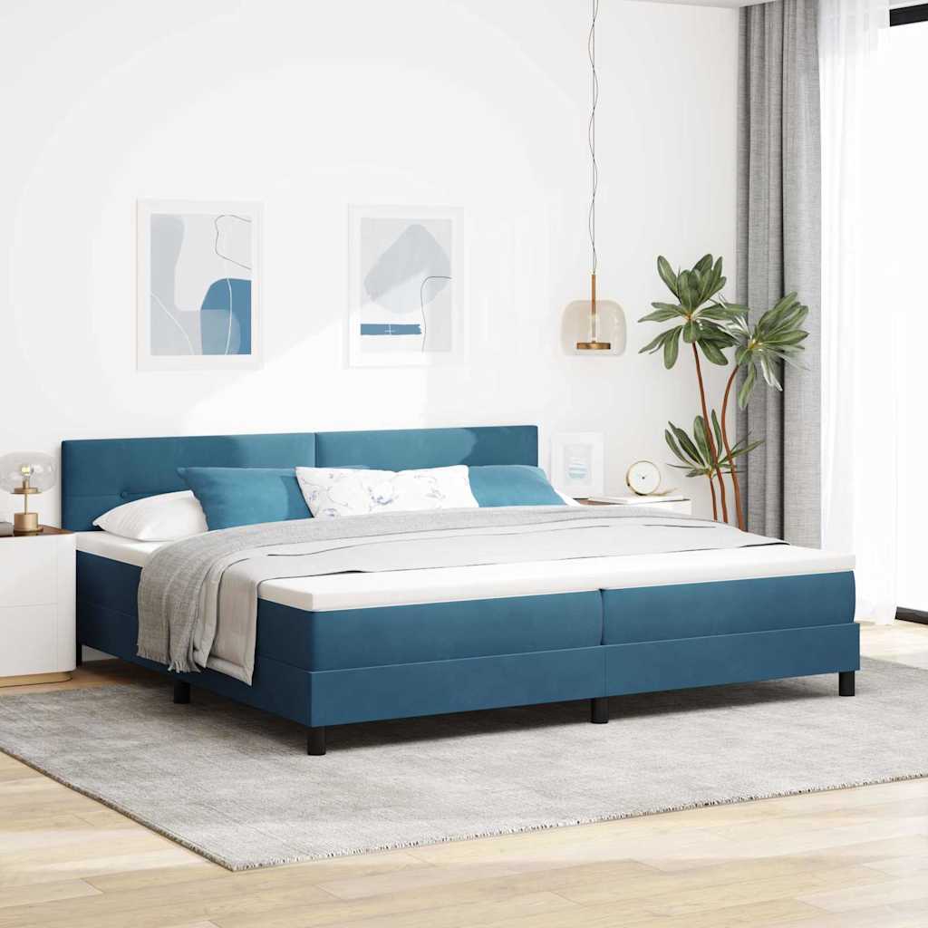 LED Box Spring Ágy fejtámlával Sötét kék 200 x 200 cm Bársony