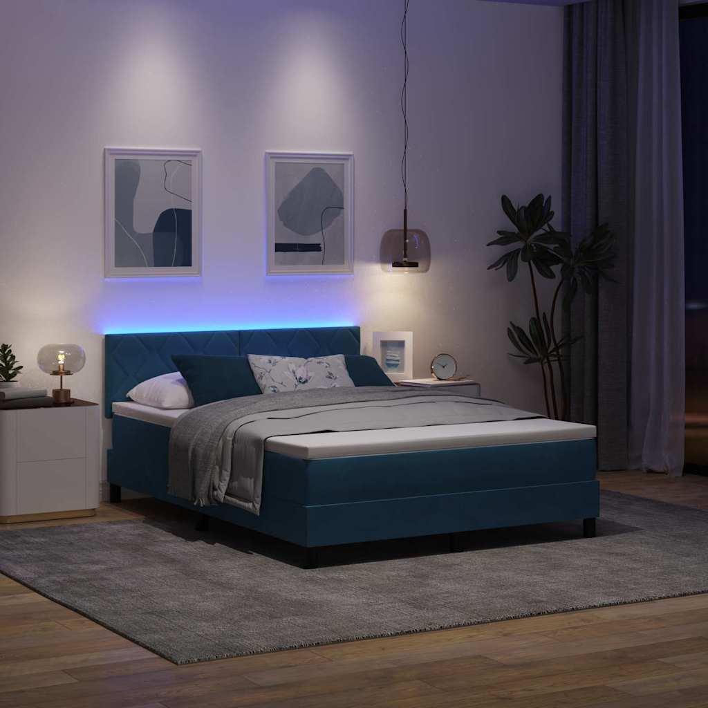 LED Box Spring Ágy fejtámlával Sötét kék 160 x 200 cm Bársony
