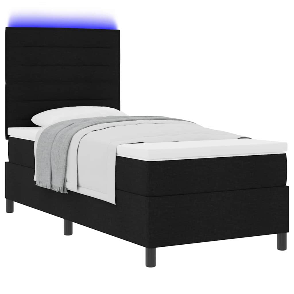 Boxrugós ágy matracmal leddel Fekete 90 x 190 cm szövet
