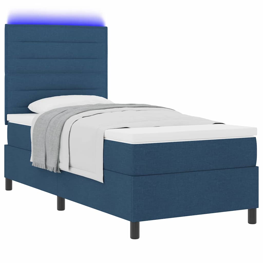 Boxrugós ágy matracmal leddel Kék 90 x 200 cm szövet
