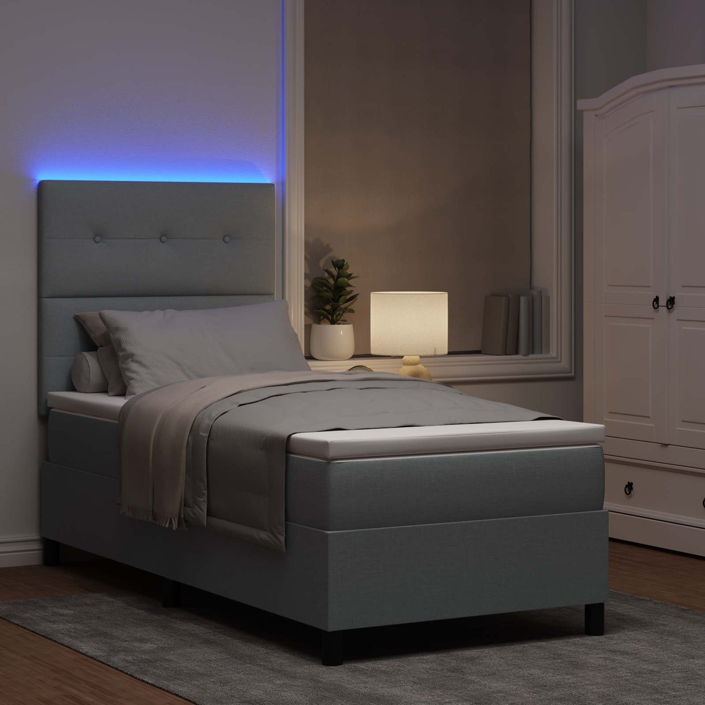 Boxrugós ágy LED szalagokkal Világosszürke 80 x 200 cm szövet