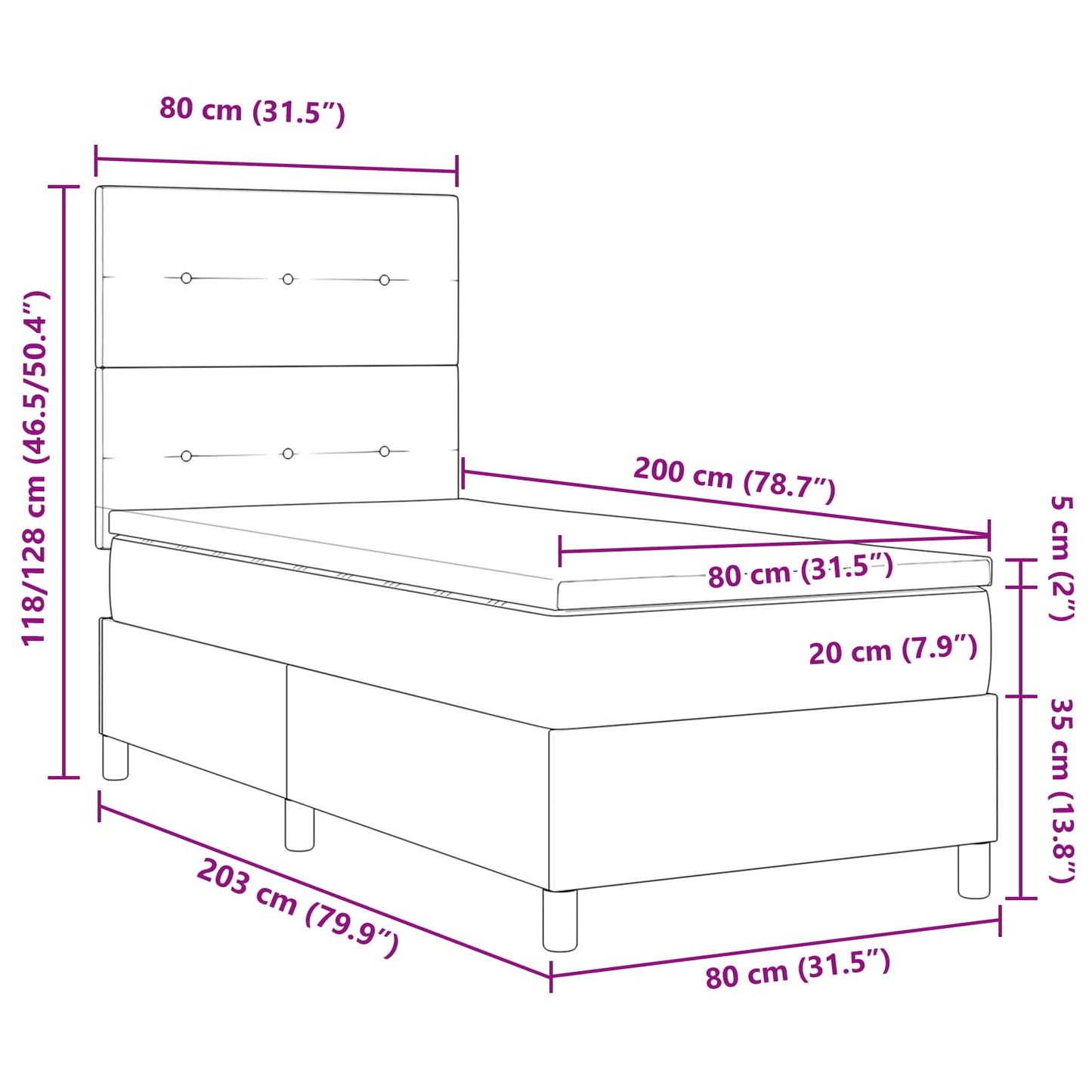 Boxrugós ágy LED szalagokkal Fekete 80 x 200 cm szövet