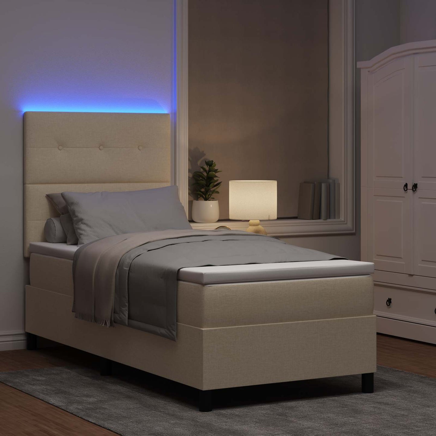Boxrugós ágy LED szalagokkal Krém 80 x 200 cm szövet