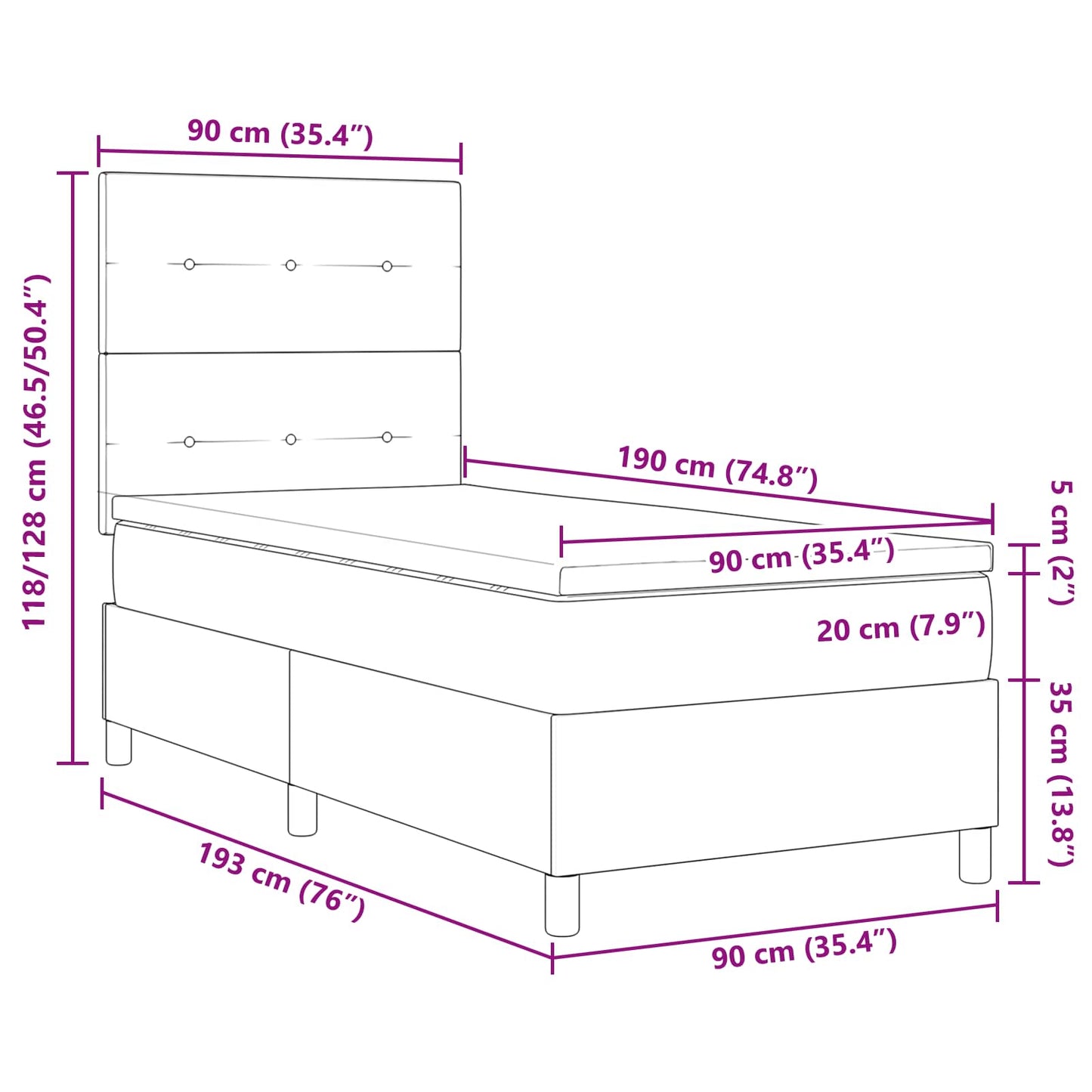 Boxrugós ágy LED szalagokkal Sötétszürke 90 x 190 cm szövet