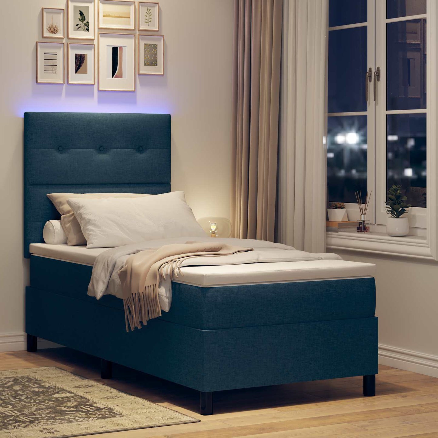 Boxrugós ágy LED szalagokkal fejtámlával Kék 90 x 190 cm szövet