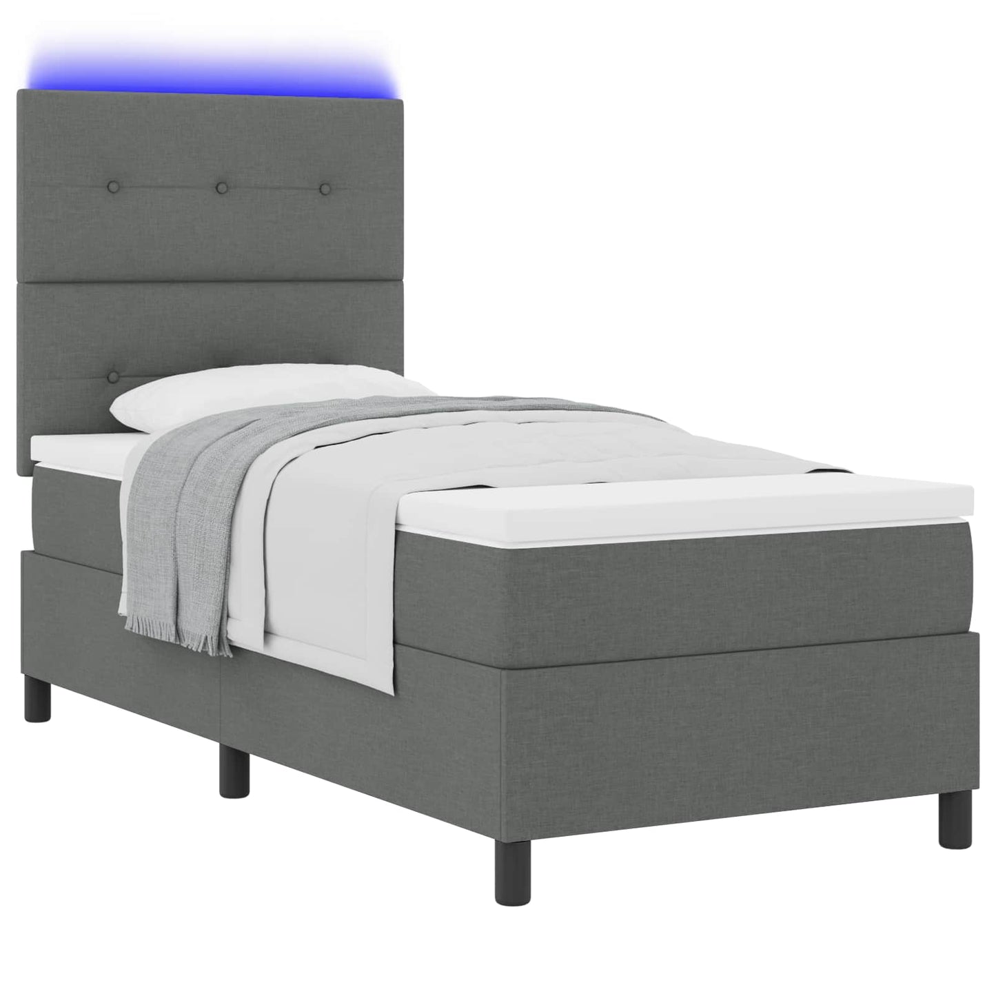 Boxrugós ágy LED szalagokkal Sötétszürke 90 x 200 cm szövet