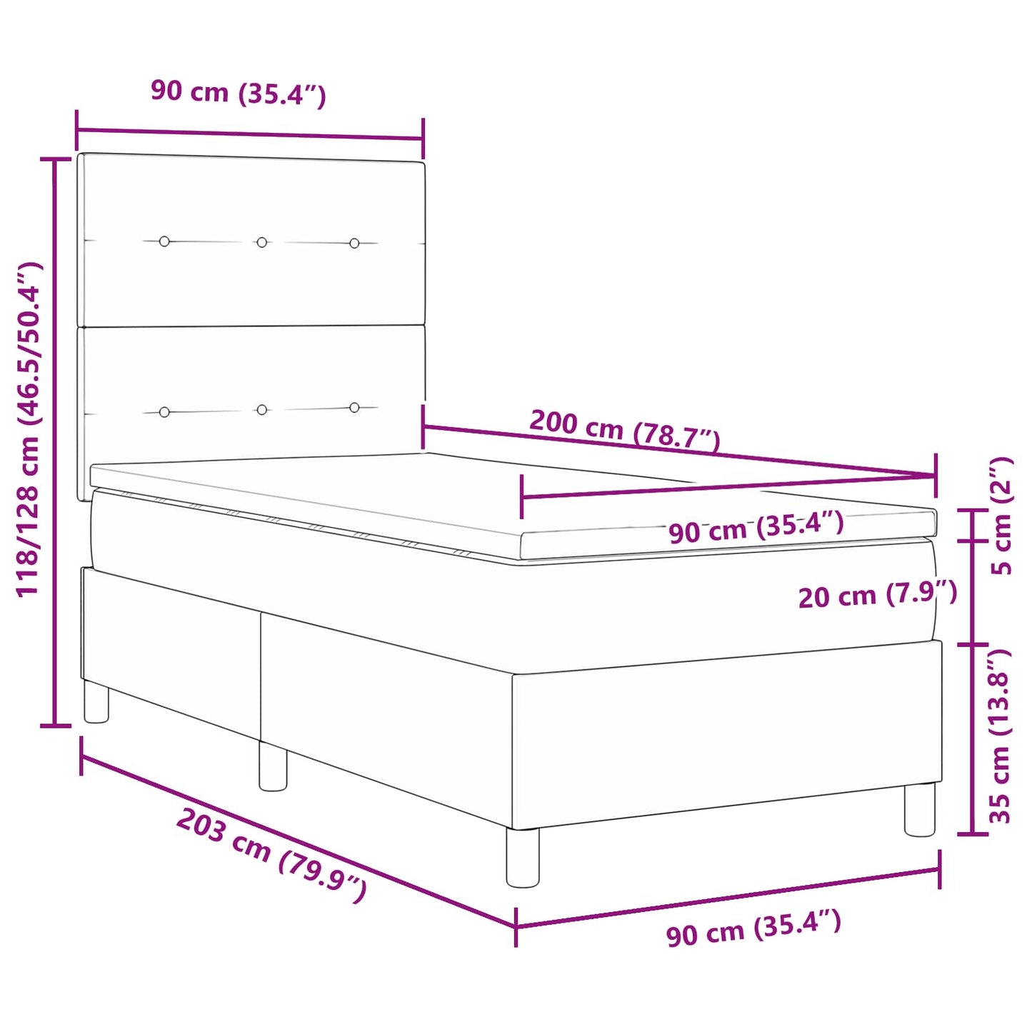 Boxrugós ágy LED szalagokkal Sötétszürke 90 x 200 cm szövet