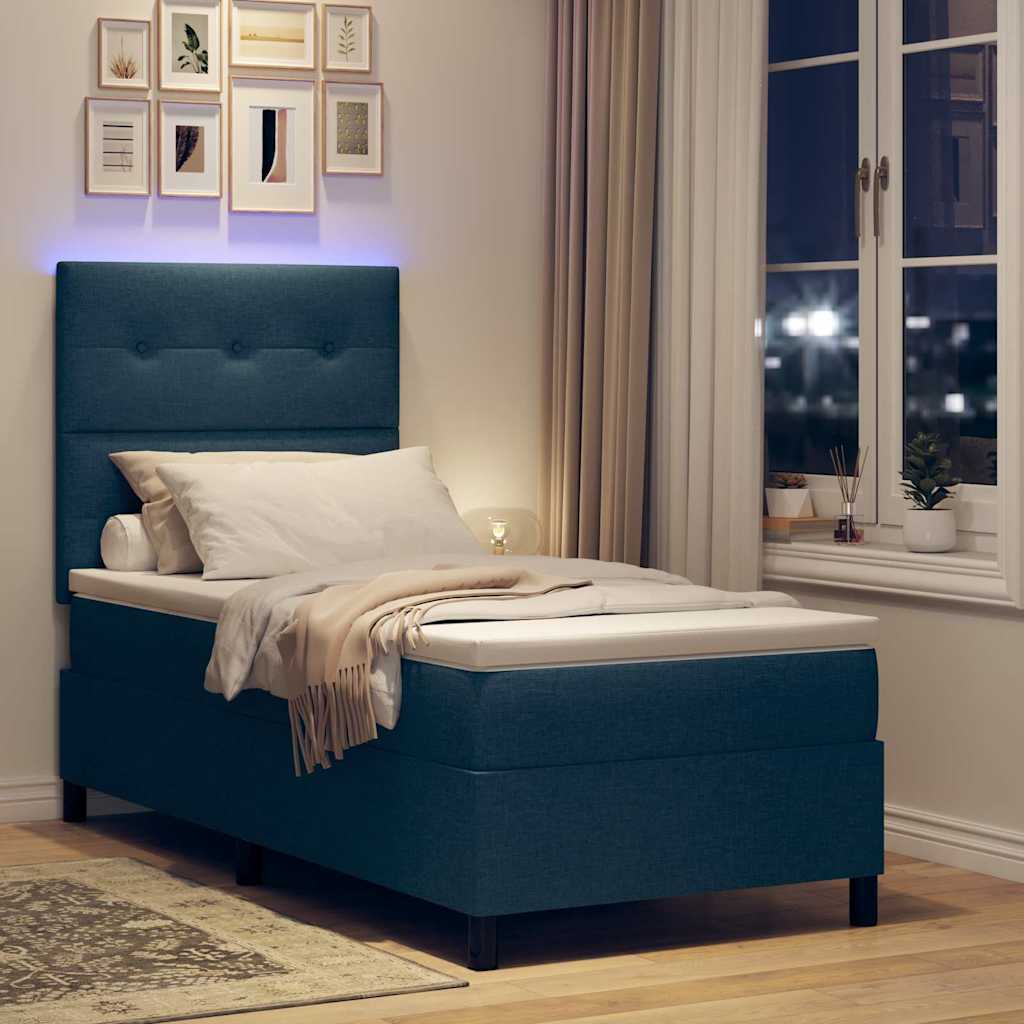 Boxrugós ágy LED szalagokkal fejtámlával Kék 90 x 200 cm szövet
