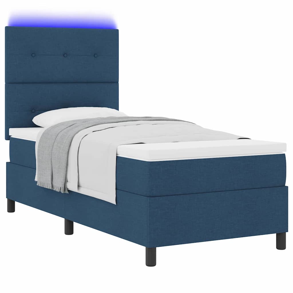 Boxrugós ágy LED szalagokkal fejtámlával Kék 90 x 200 cm szövet