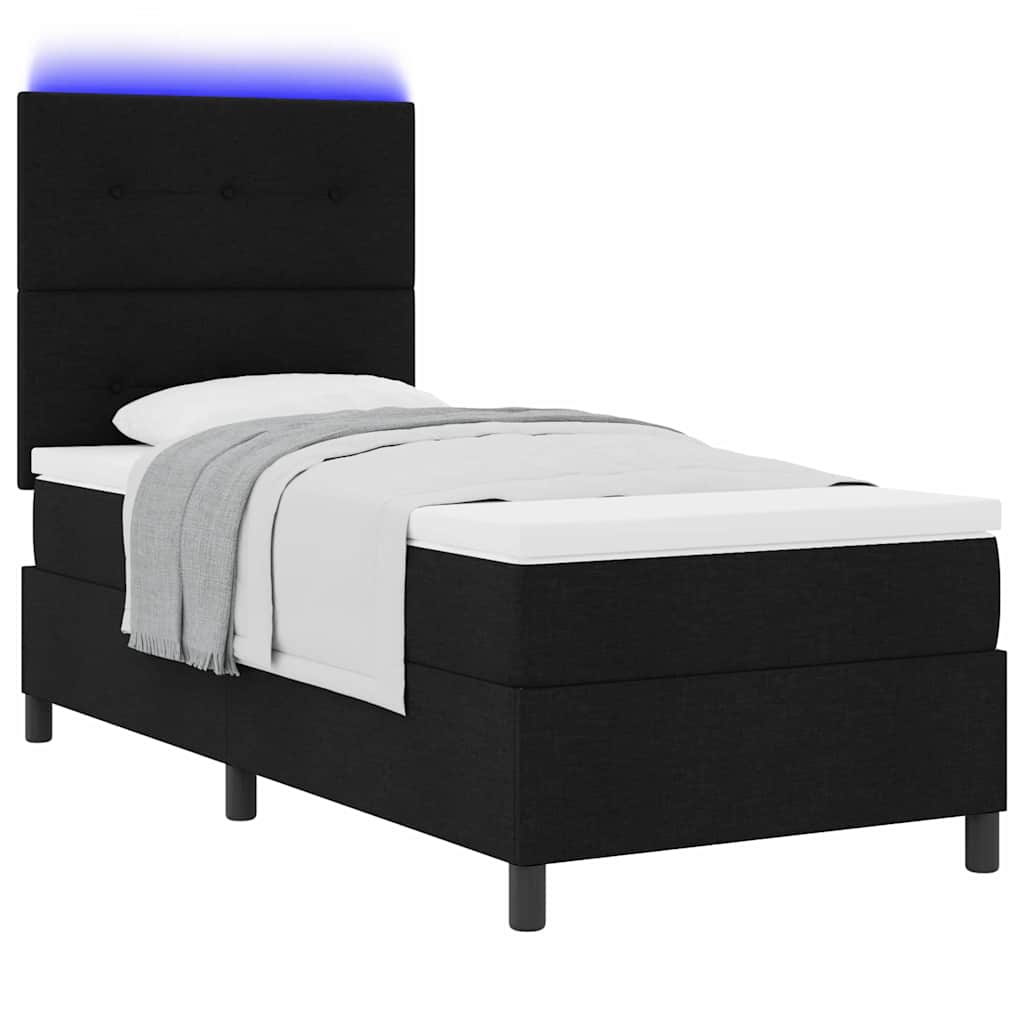 Boxrugós ágy LED szalagokkal Fekete 100 x 200 cm szövet
