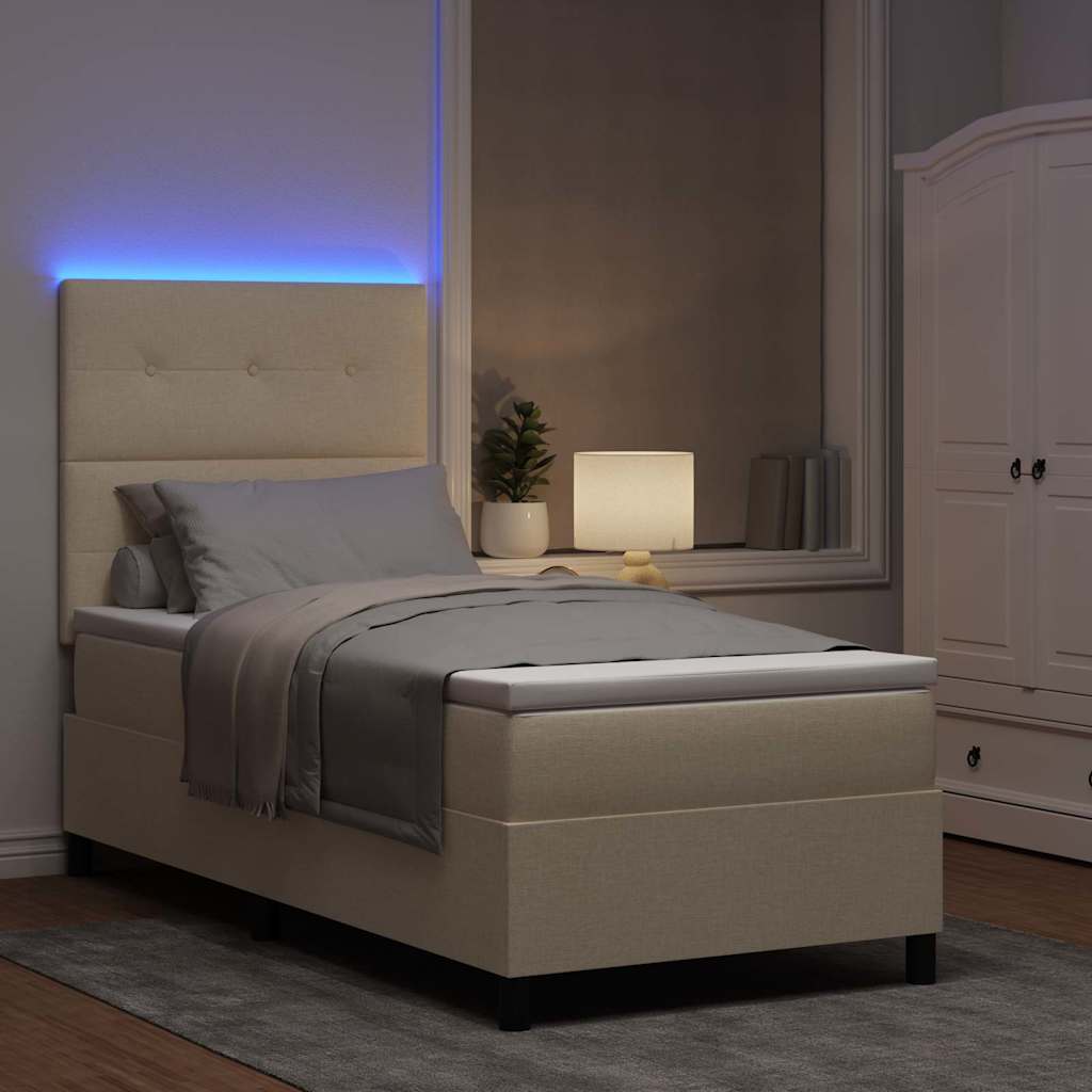 Boxrugós ágy LED szalagokkal Krém 100 x 200 cm szövet