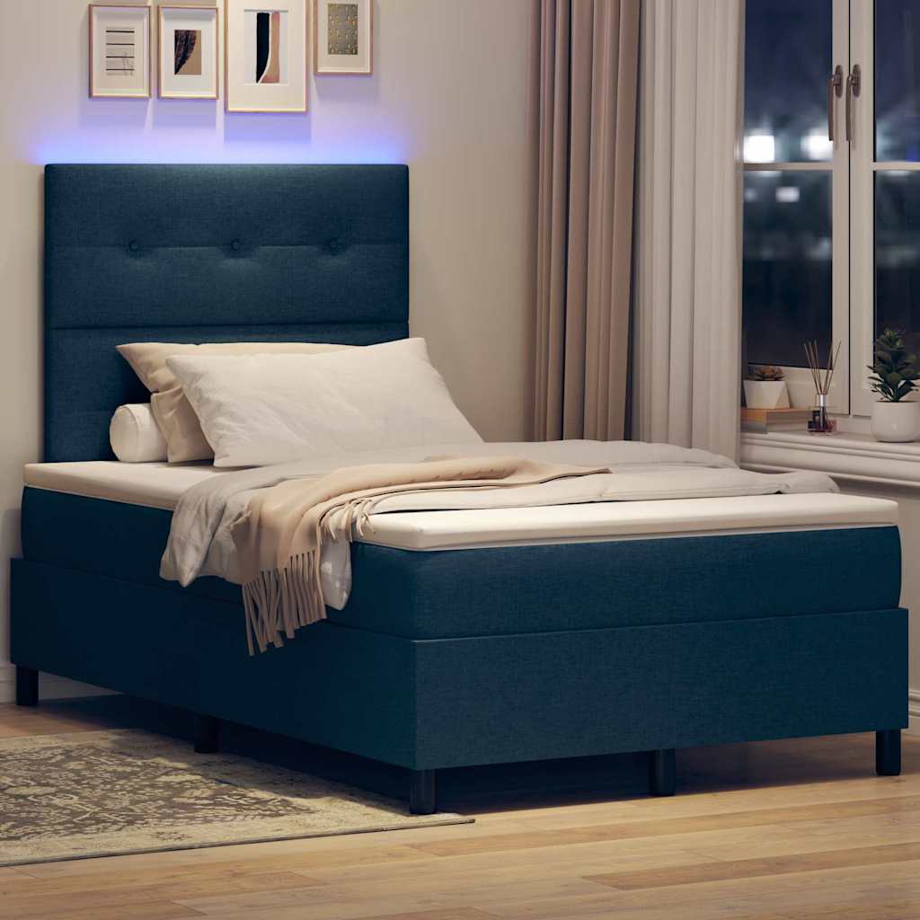 Boxrugós ágy LED szalagokkal Kék 120 x 190 cm szövet