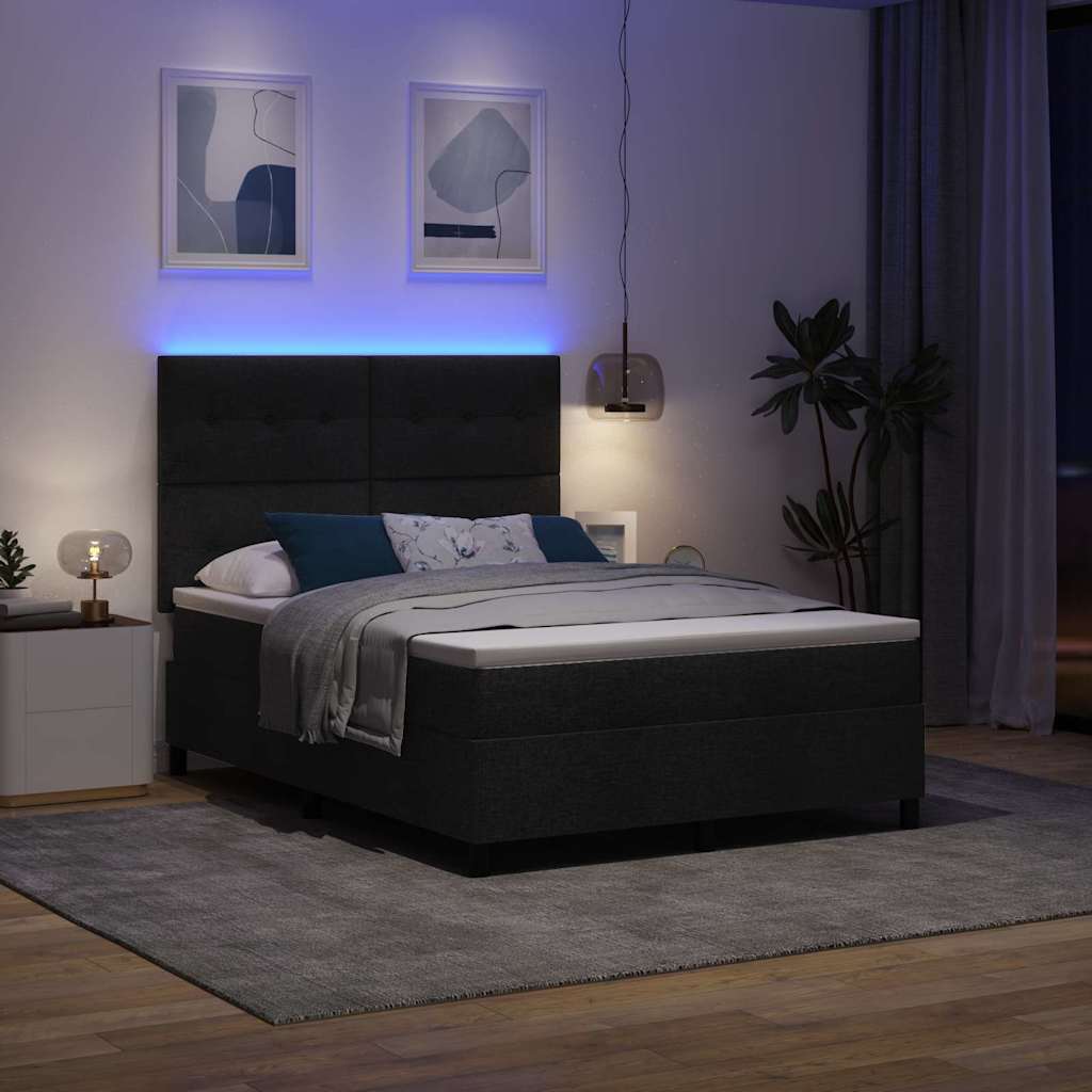 Boxrugós ágy LED szalagokkal Fekete 140 x 200 cm szövet