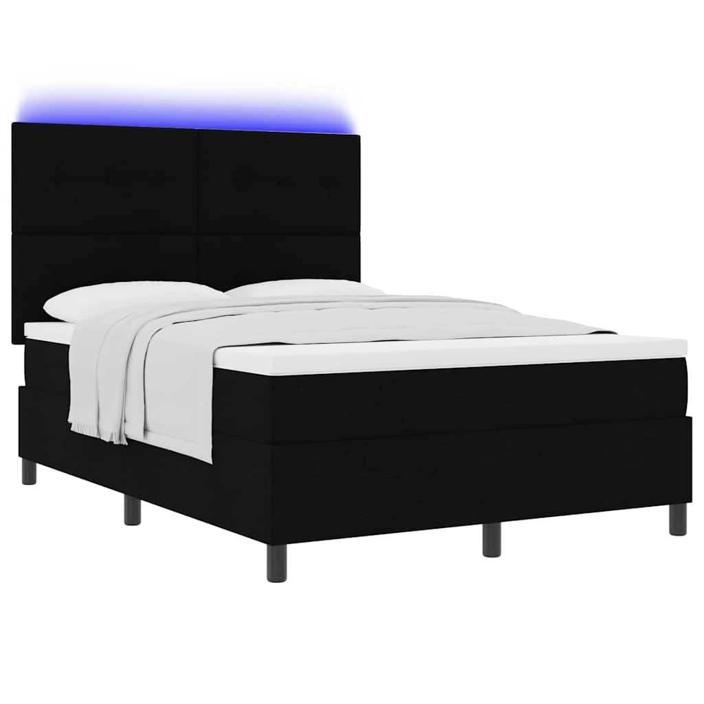 Boxrugós ágy LED szalagokkal Fekete 140 x 200 cm szövet