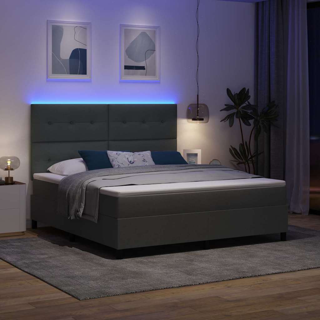 Boxrugós ágy LED szalagokkal Sötétszürke 180 x 200 cm szövet