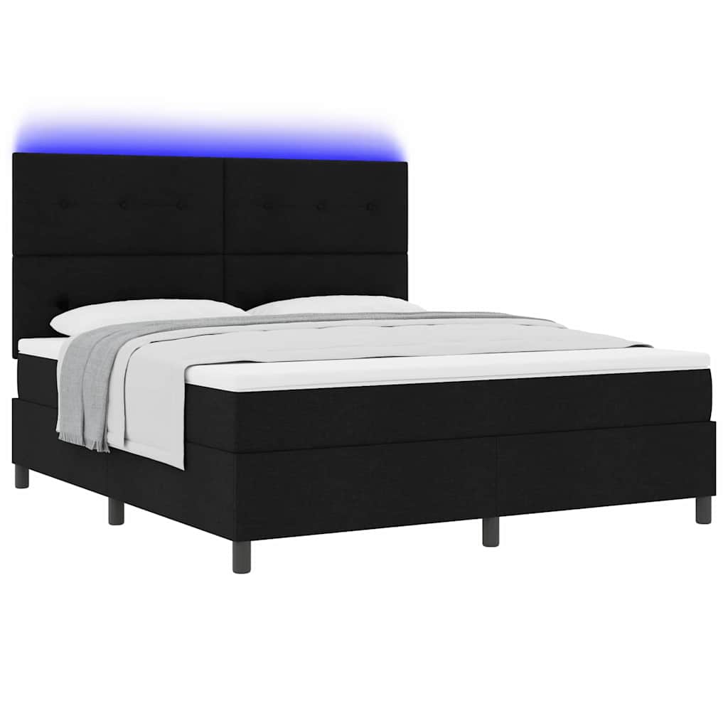 Boxrugós ágy LED szalagokkal Fekete 180 x 200 cm szövet